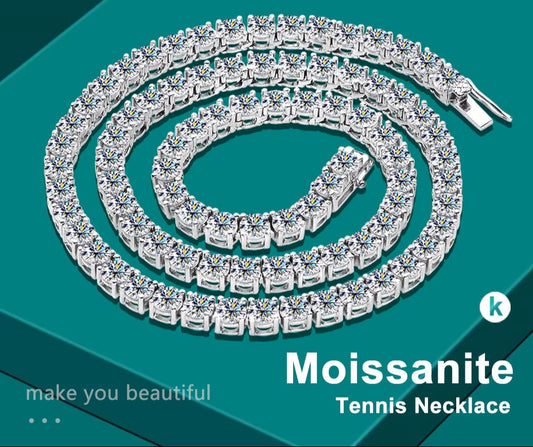 D Color Moissanite Tennis Necklace 925 Sterling Sliver Plated 18K Gold Necklace for Woman Man Hiphop Party Jewelry